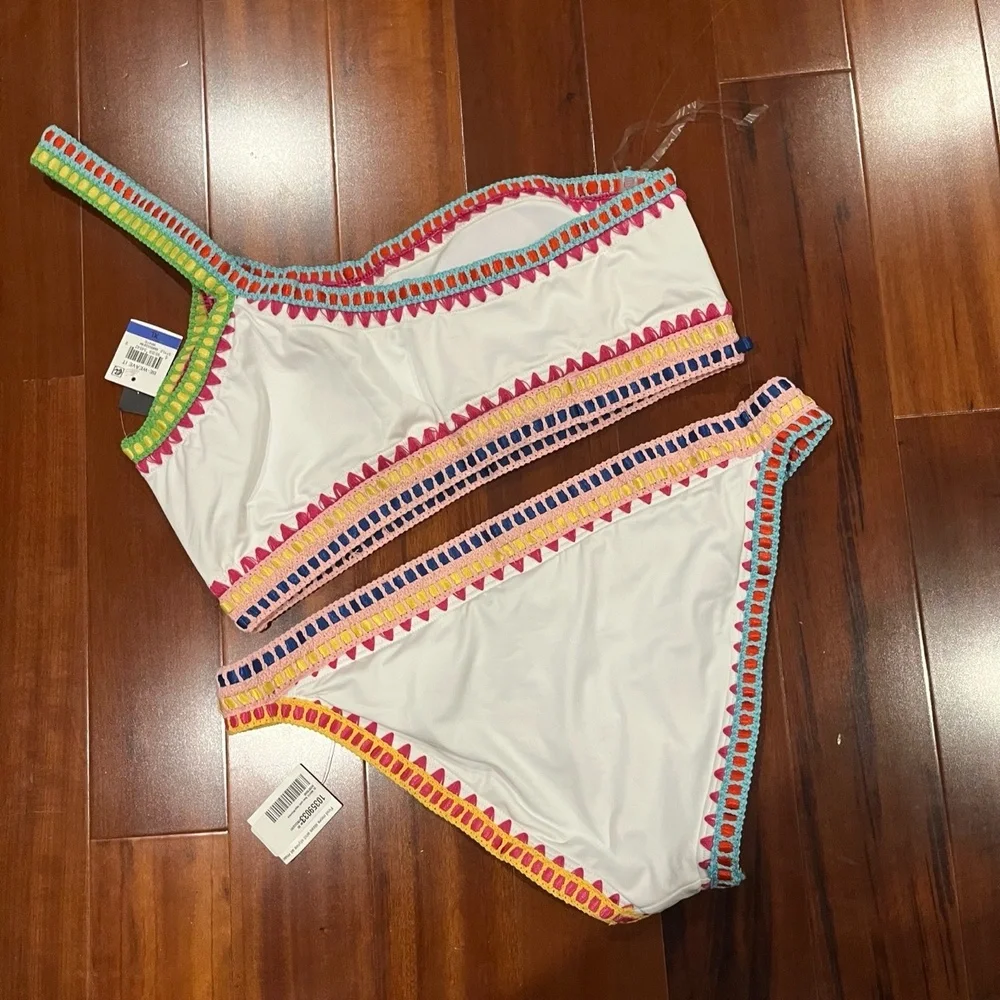 New NWT Bar III Crochet White Bikini Swim Two Piece Set One-Shoulder Multi Sz XL